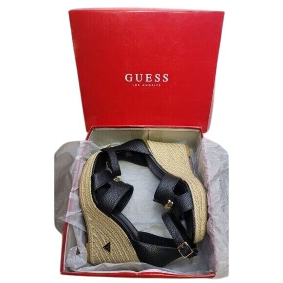 Guess Womens Black Espadrille-Style Wedge Sandals Raffia Sole Gold Logo Sz 10M - Picture 2 of 13